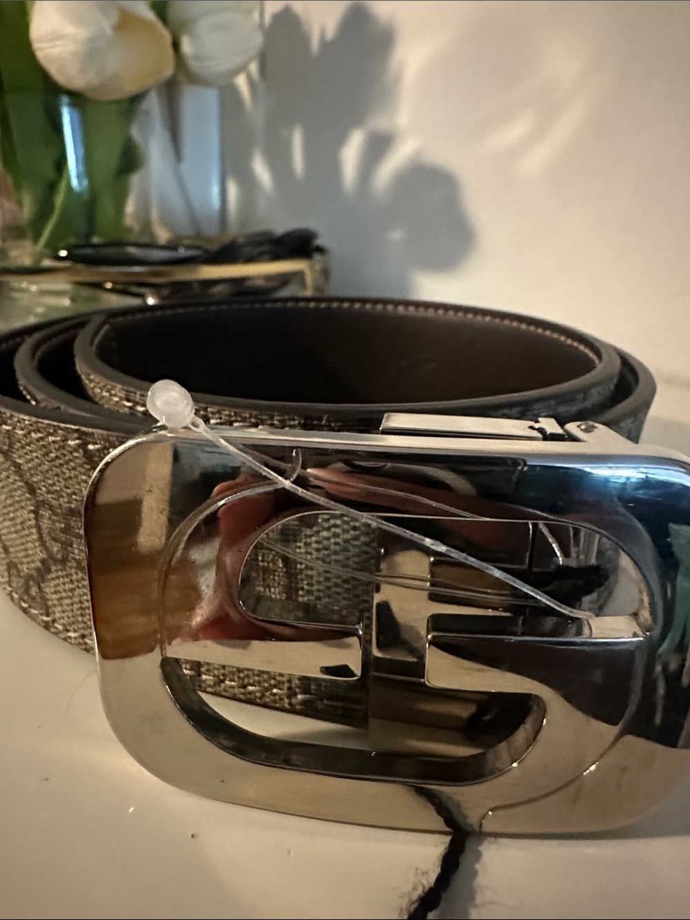 Gucci Beige Monogram Belt with Silver-Tone GG Buckle